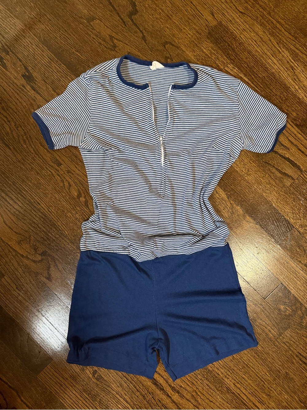 Striped Vintage 1970s Navy Short sleeve playsuit romper